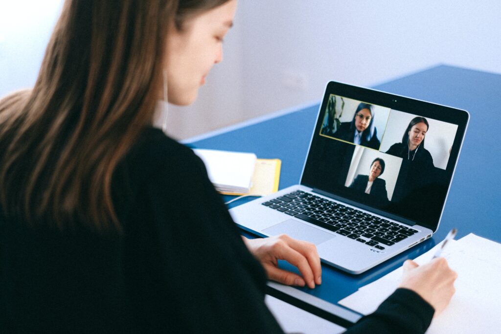 Woman holds online meeting